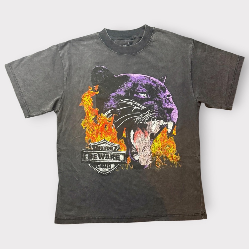Alpha Collective Motor Beware Club Purple Panther Flame Graphic T-Shirt Black M